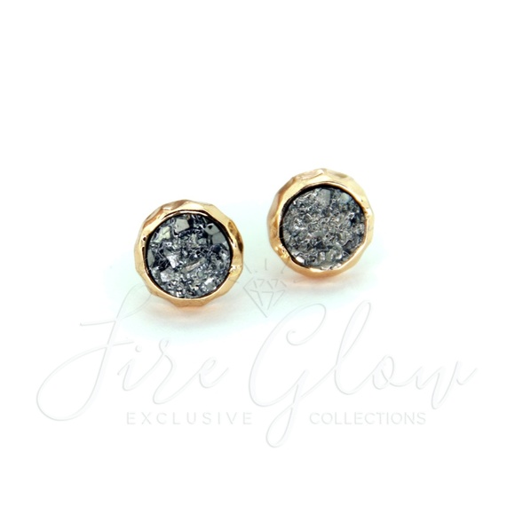 Platinum Tone Druzy Set In Gold Tone Stud Earrings - Picture 6 of 8